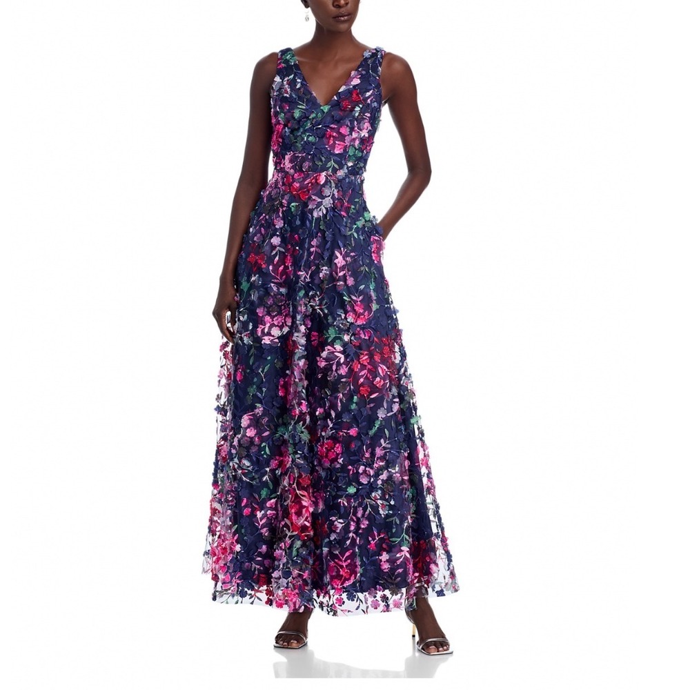 Eliza J Navy Multi Floral Applique Gown V-Neck Sleeveless Maxi Dress Size 16